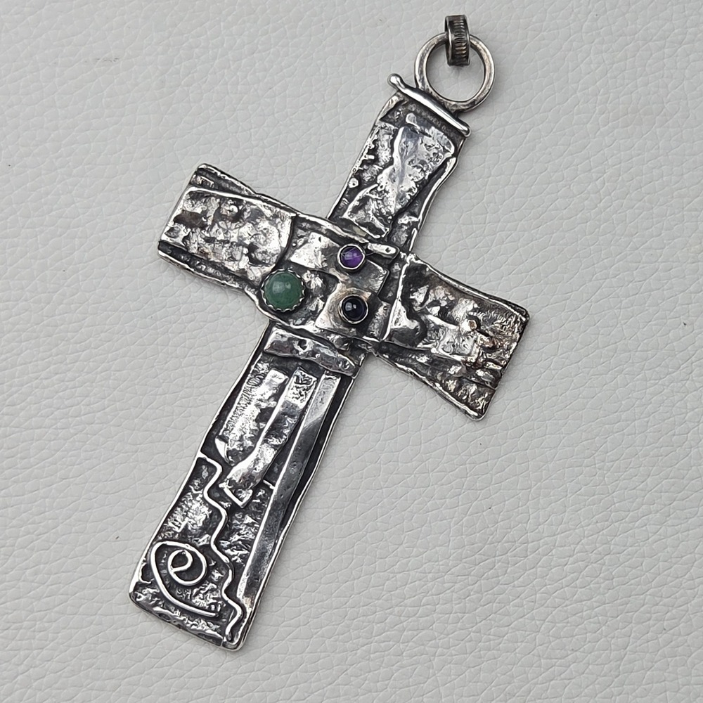 VTG 1970s Sterling Silver Gemstone Cross Pendant Brutalist Studio Artisan Signed